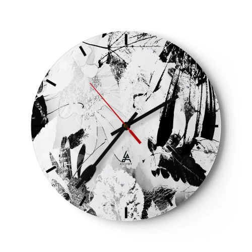 Ceas de perete - Ceas pe sticlă - Model floral și cu frunze alb-negru într-un stil artistic - 30x30cm - Toamna în negativ - Decorațiune modernă pentru perete pentru living, bucătărie și dormitor ARTTOR