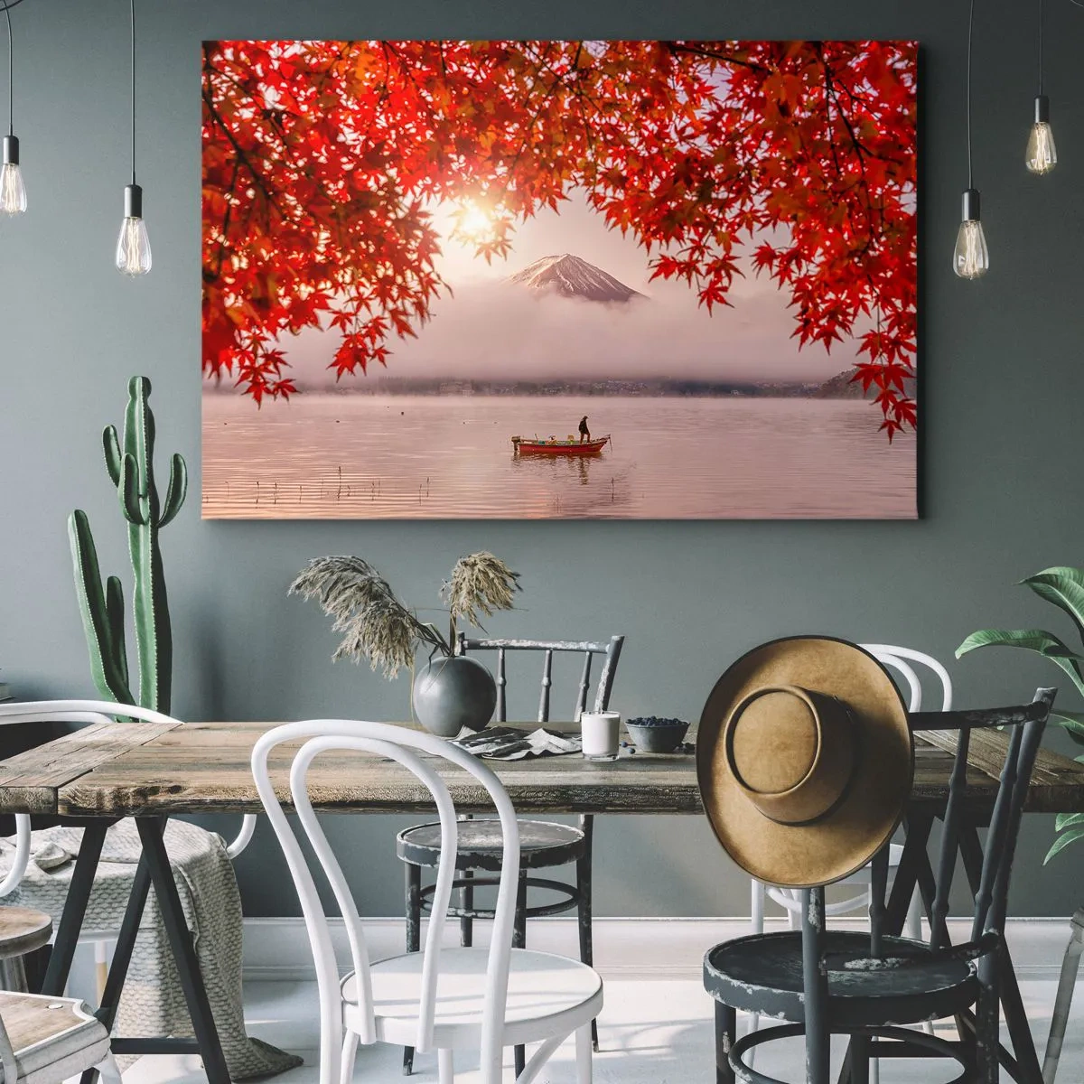 Tablou pe pânză Canvas - O barcă pe un lac înconjurată de frunze roșii de arțar - 70x50cm - În stil japonez - Decorațiune modernă pentru perete pentru living și dormitor ARTTOR