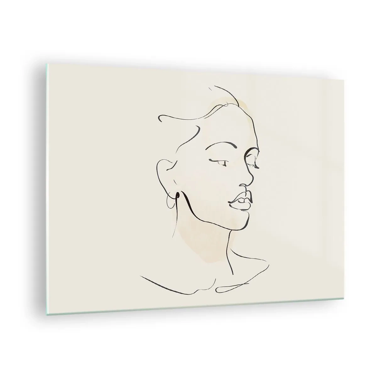 Tablou pe sticlă - Un portret feminin liniar pe un fundal deschis cu umbre delicate. - 70x50cm - Cu o linie sigură - Decorațiune modernă pentru perete pentru living și dormitor ARTTOR