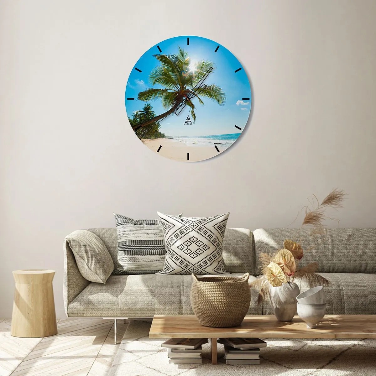 Ceas de perete - Ceas pe sticlă - Plajă tropicală cu palmieri și un cer albastru luminat de soare - 30x30cm - Nu arăta nimănui - Decorațiune modernă pentru perete pentru living, bucătărie și dormitor ARTTOR