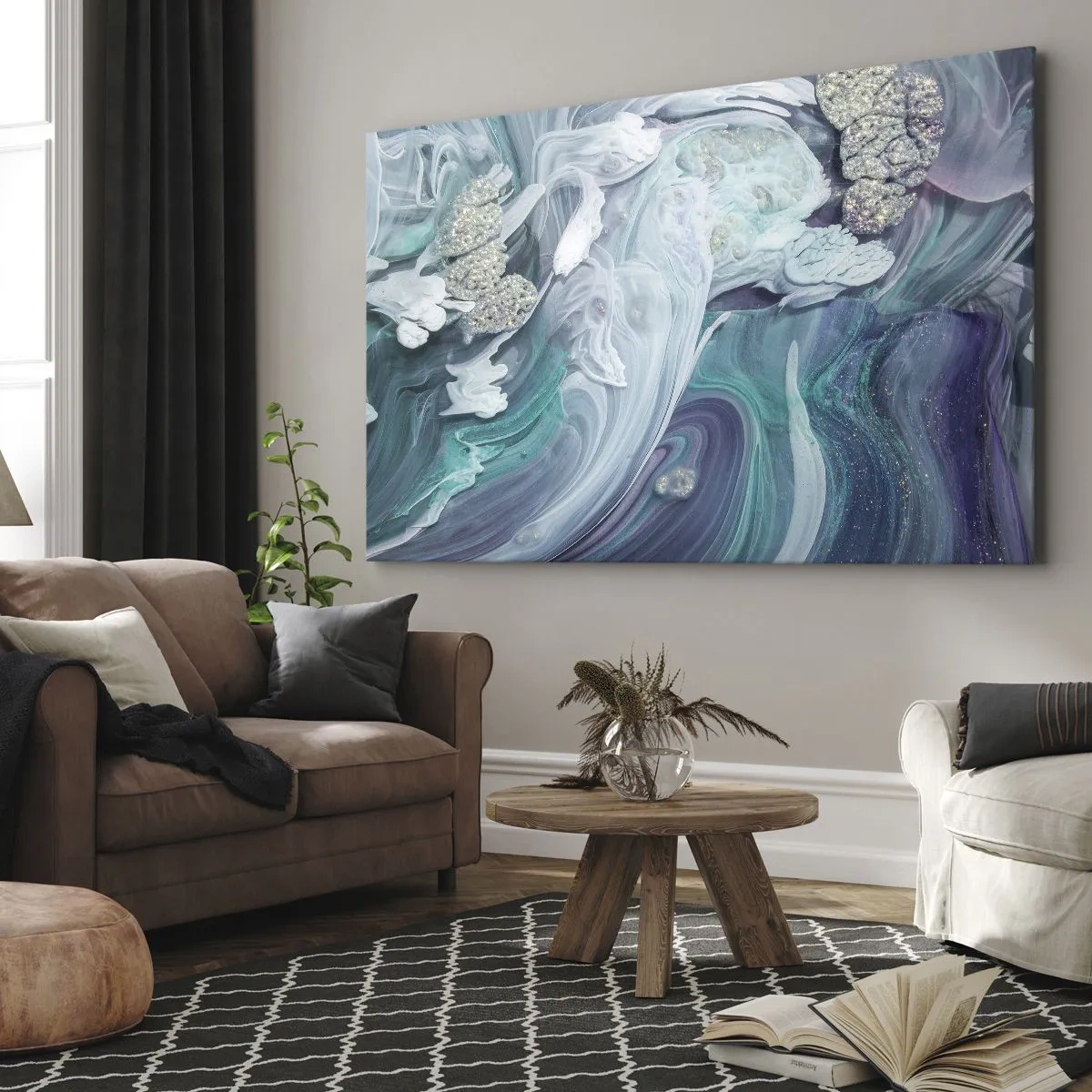Tablou pe pânză Canvas - Vârtejuri abstracte în nuanțe de albastru și alb - 70x50cm - Râuri de albastru - Decorațiune modernă pentru perete pentru living și dormitor ARTTOR
