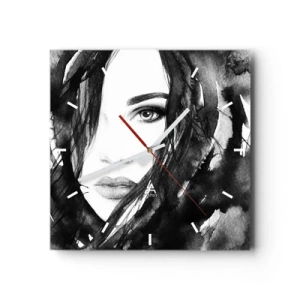 Ceas de perete - Ceas pe sticlă - Studiu unei dame în alb și negru - 30x30 cm