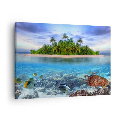 Tablou pe pânză Canvas - insulă tropicală înconjurată de un ocean turcoaz, cu un recif de corali și pești. - 70x50cm - Insula paradisiacă vă invită - Decorațiune modernă pentru perete pentru living și dormitor ARTTOR