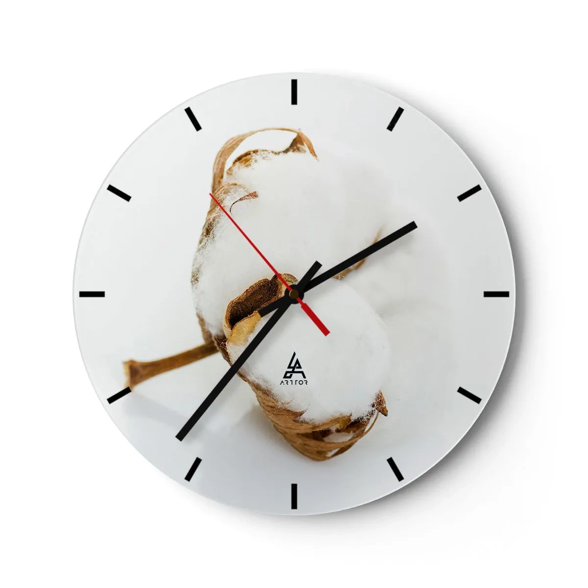 Ceas de perete - Ceas pe sticlă - O ramură de bumbac natural pe un fundal alb - 30x30cm - Moale prin natură - Decorațiune modernă pentru perete pentru living, bucătărie și dormitor ARTTOR