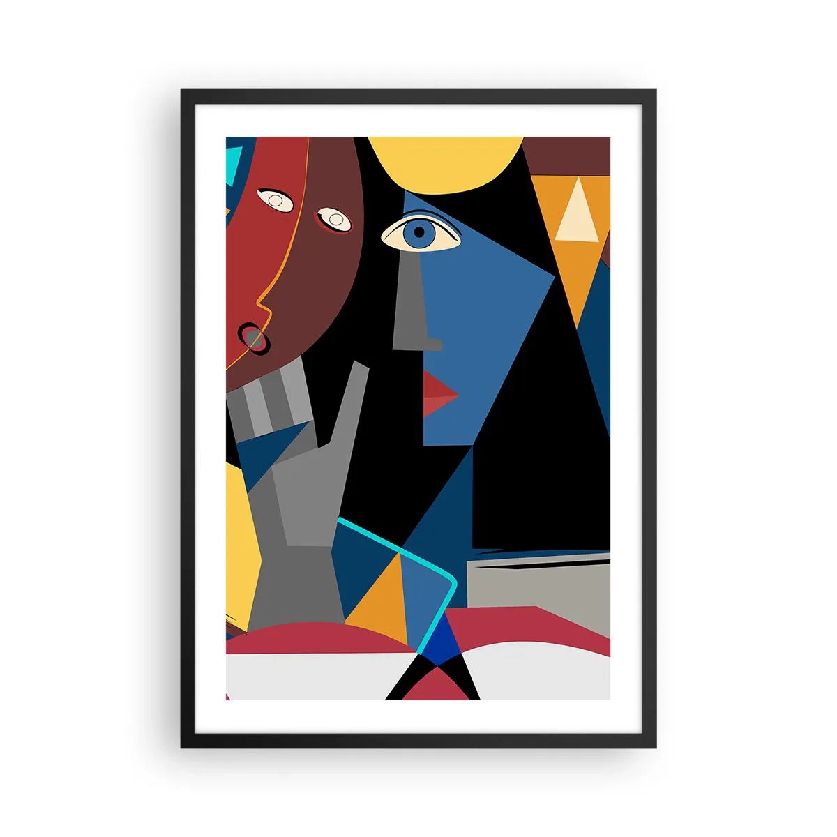 Poster în ramă neagră - Abstracție cubistă a unei fețe în culori vii - 50x70cm - Discuția cubiștilor - Decorațiune modernă pentru perete pentru living și dormitor ARTTOR
