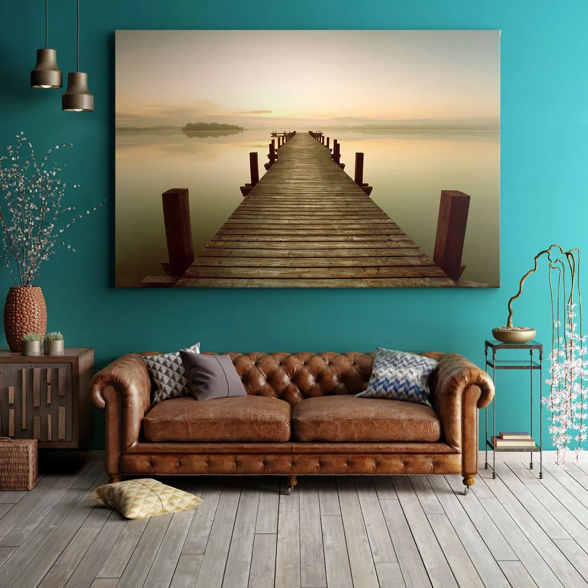 Tablou pe pânză Canvas - Un debarcader de lemn pe un lac liniștit dimineața - 70x50cm - Înainte de răsărit, zori, lumină - Decorațiune modernă pentru perete pentru living și dormitor ARTTOR
