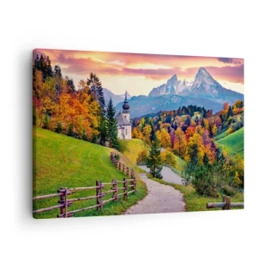 Tablou pe pânză Canvas - Peisaj montan de toamnă cu o capelă și apus de soare - 70x50cm - Un peisaj ca o pictură - Decorațiune modernă pentru perete pentru living și dormitor ARTTOR