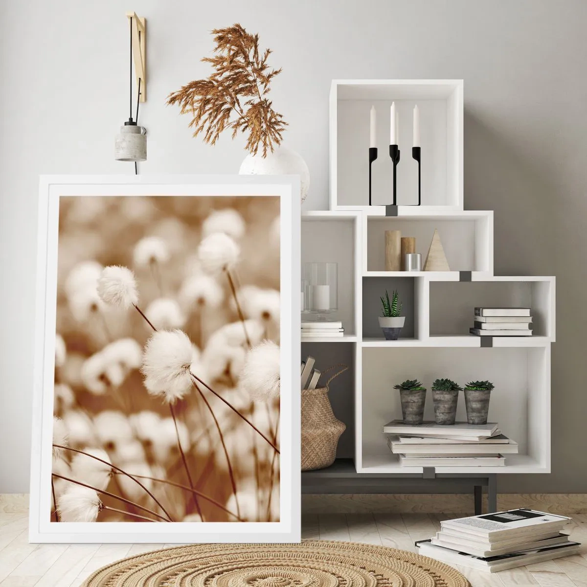 Poster în ramă albă - Câmp pufos - 70x100 cm