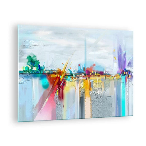 Tablou pe sticlă - Pod abstract în culori vibrante peste un râu cu un fundal pastel - 70x50cm - Pod de bucurie peste râul vieții - Decorațiune modernă pentru perete pentru living și dormitor ARTTOR