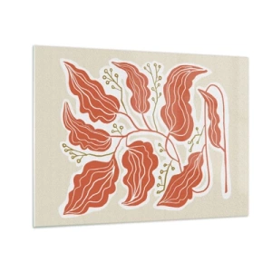 Tablou pe sticlă - Frunze de coral cu model popular pe fundal deschis - 70x50cm - Folk și coral - Decorațiune modernă pentru perete pentru living și dormitor ARTTOR
