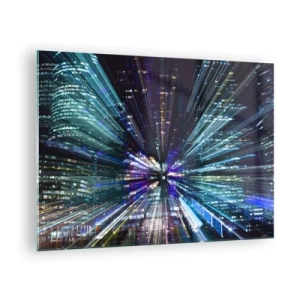 Tablou pe sticlă - Linii de lumină dinamice pe fundalul unui oraș nocturn - 70x50cm - Trecere către hiperspațiu - Decorațiune modernă pentru perete pentru living și dormitor ARTTOR