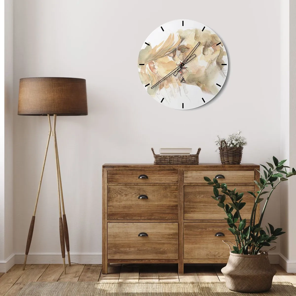 Ceas de perete - Ceas pe sticlă - Un portret în acuarelă în nuanțe pastelate al unui cuplu care se sărută - 30x30cm - Jumătatea găsită? - Decorațiune modernă pentru perete pentru living, bucătărie și dormitor ARTTOR