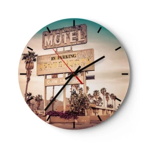 Ceas de perete - Ceas pe sticlă - Semn retro de motel cu palmieri în fundal pe un drum deșertic - 30x30cm - Timpul s-a oprit aici - Decorațiune modernă pentru perete pentru living, bucătărie și dormitor ARTTOR