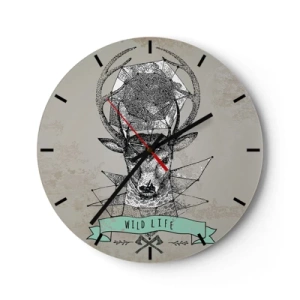 Ceas de perete - Ceas pe sticlă - Cerb geometric cu inscripția Wild Life pe fundal gri - 30x30cm - Viziunea Sfântului Hubertus - Decorațiune modernă pentru perete pentru living, bucătărie și dormitor ARTTOR