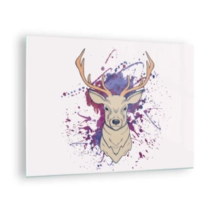 Tablou pe sticlă - Ilustrație a unui cerb cu un fundal abstract colorat - 70x50cm - Curaj și echilibru - Decorațiune modernă pentru perete pentru living și dormitor ARTTOR
