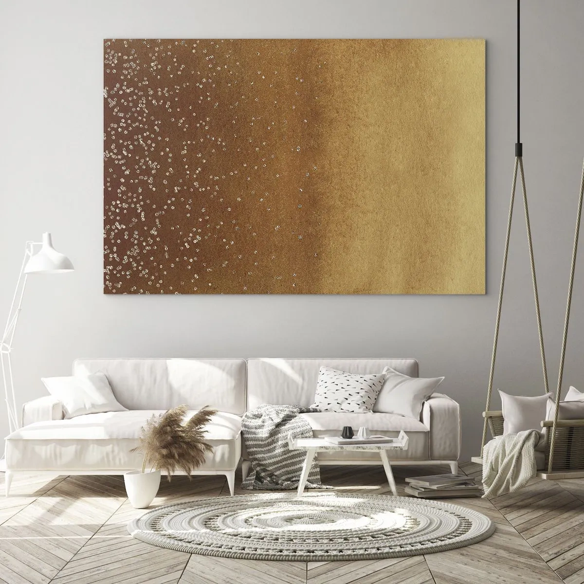 Tablou pe sticlă - Model abstract auriu cu reflexii fine - 70x50cm - Nașterea luminii - Decorațiune modernă pentru perete pentru living și dormitor ARTTOR