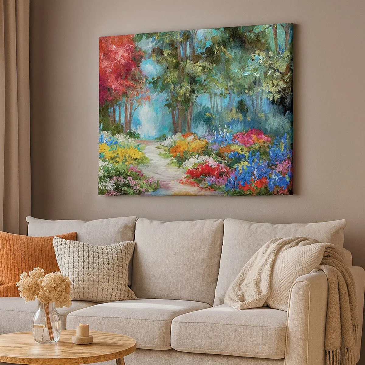 Tablou pe pânză Canvas - O grădină pitorească plină de flori și copaci colorati într-un cadru forestier - 70x50cm - Grădină de pădure, pădure de flori - Decorațiune modernă pentru perete pentru living și dormitor ARTTOR