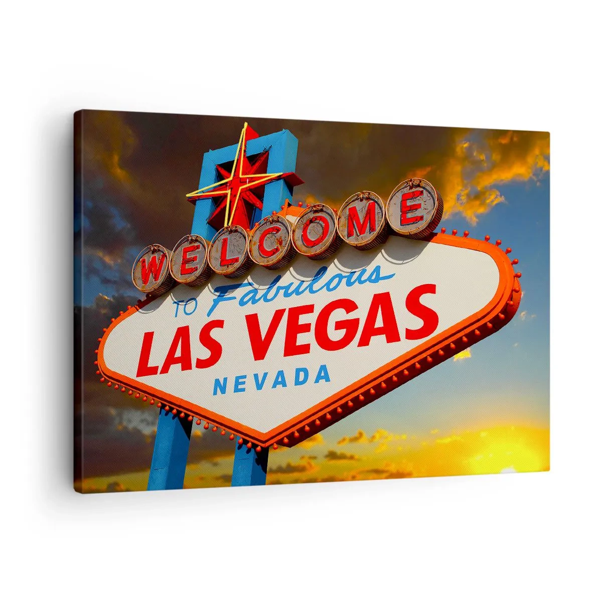 Tablou pe pânză Canvas - Celebrul semn „Welcome to Fabulous Las Vegas” la apus - 70x50cm - Pentru un zâmbet din partea destinului - Decorațiune modernă pentru perete pentru living și dormitor ARTTOR