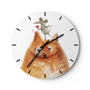 Ceas de perete - Ceas pe sticlă - Ilustrație a unei pisici și a unui șoarece cu o inimă într-un stil umoristic - 30x30cm - Paradoxurile iubirii - Decorațiune modernă pentru perete pentru living, bucătărie și dormitor ARTTOR