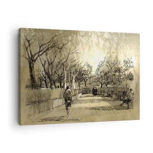 Tablou pe pânză Canvas - O scenă de desene animate cu un parc cu oameni care se plimbă în tonuri calde. - 70x50cm - Un moment reținut cu pene - Decorațiune modernă pentru perete pentru living și dormitor ARTTOR