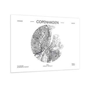 Tablou pe sticlă - O hartă a Copenhaga sub forma unei schițe grafice a străzii - 70x50cm - Anatomia Copenhagăi - Decorațiune modernă pentru perete pentru living și dormitor ARTTOR