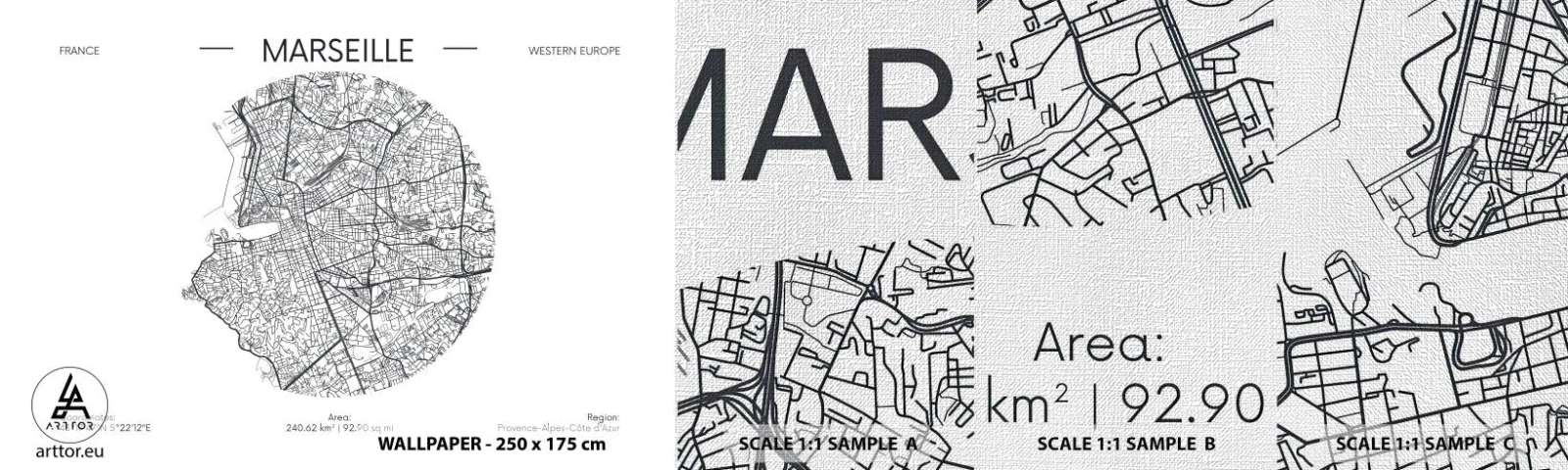 Mostră tapet Premium Canvas - Anatomia Marsiliei - Hartă, Marsilia, Franţa - 100x30 cm