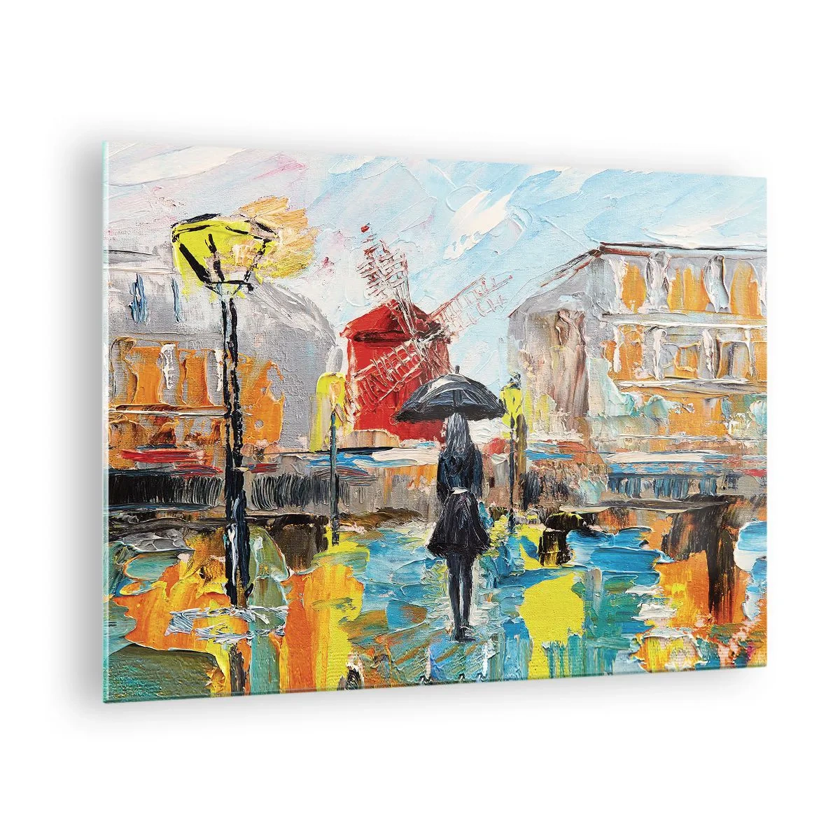 Tablou pe sticlă - O femeie cu o umbrelă pe fundalul unui oraș, în stil impresionist - 70x50cm - Legende pariziene - Decorațiune modernă pentru perete pentru living și dormitor ARTTOR