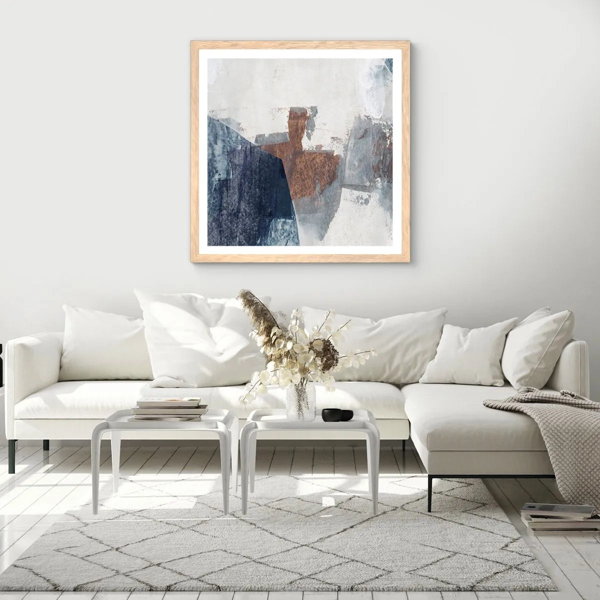 Poster în ramă de stejar deschis - Forme albastre-maronii - 40x40 cm