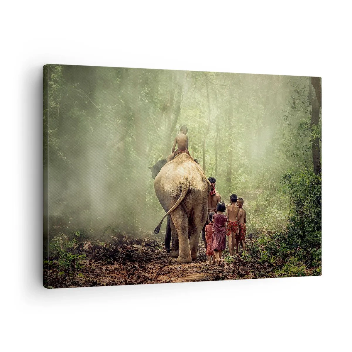 Tablou pe pânză Canvas - Copii cu un elefant într-o pădure verde în lumina dimineții - 70x50cm - Noua Carte a Junglei - Decorațiune modernă pentru perete pentru living și dormitor ARTTOR