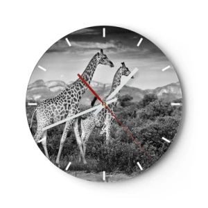 Ceas de perete - Ceas pe sticlă - fotografie alb-negru a două girafe în savană. - 30x30cm - Clasele superioare din Africa - Decorațiune modernă pentru perete pentru living, bucătărie și dormitor ARTTOR