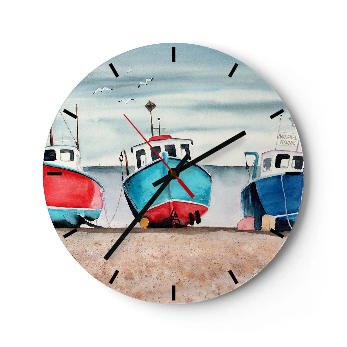 Ceas de perete - Ceas pe sticlă - Bărci de pescuit colorate pe țărm într-un cadru pitoresc - 30x30cm - Gata pentru pescuit - Decorațiune modernă pentru perete pentru living, bucătărie și dormitor ARTTOR