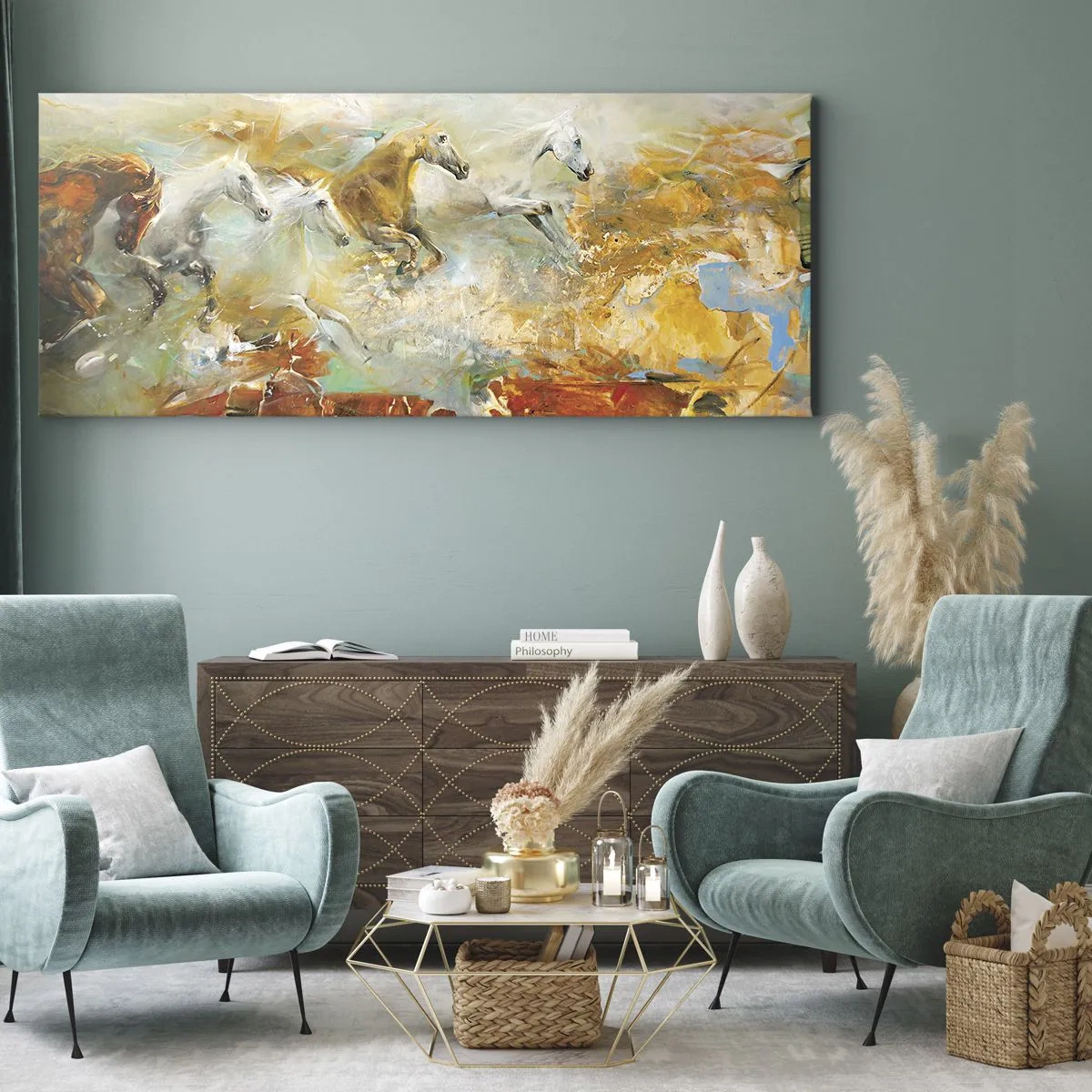 Tablou pe pânză - Galopând prin lumină - 140x50 cm