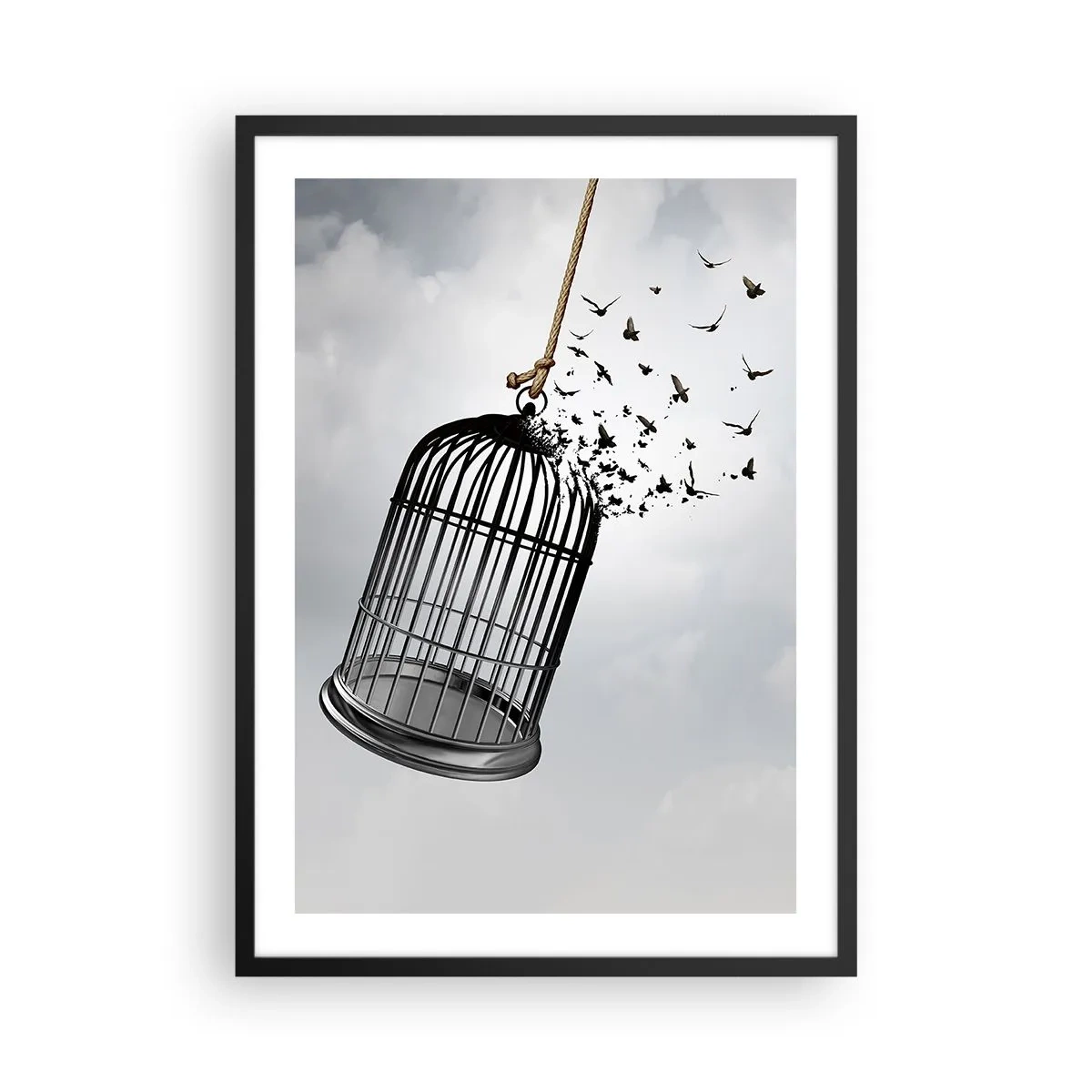 Poster în ramă neagră - Păsări care zboară dintr-o cușcă deschisă pe un fundal de nori - 50x70cm - Credință...Speranță...Libertate! - Decorațiune modernă pentru perete pentru living și dormitor ARTTOR