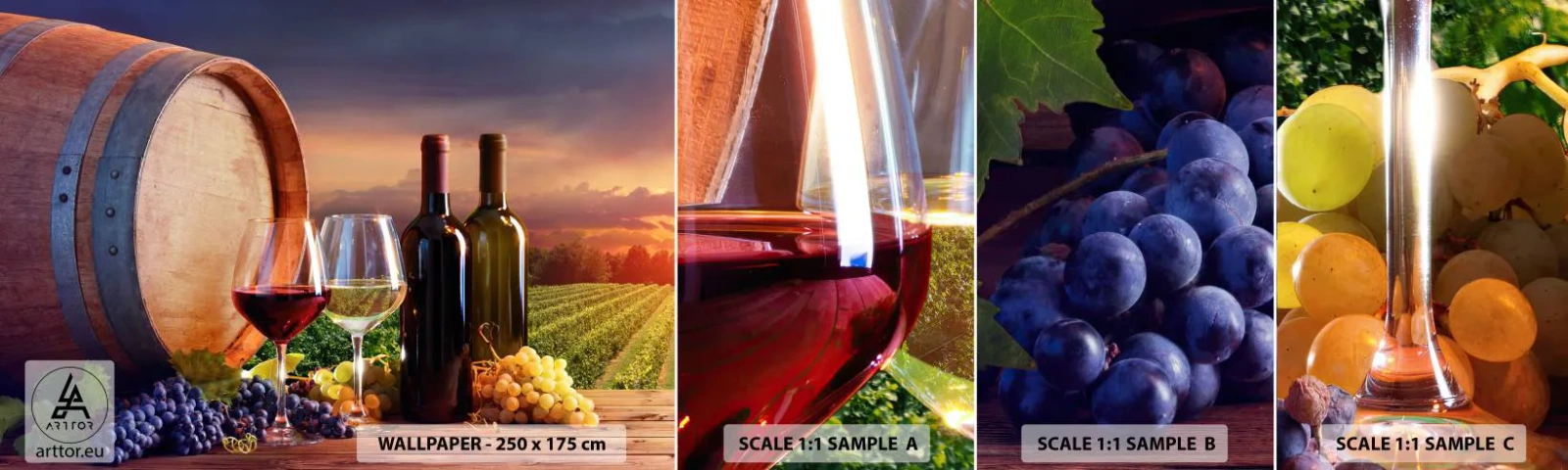 Mostră de Tapet Standard Eco - Aici viața are un gust - Vie, Butoiul de vin, Strugurii - 100x30 cm