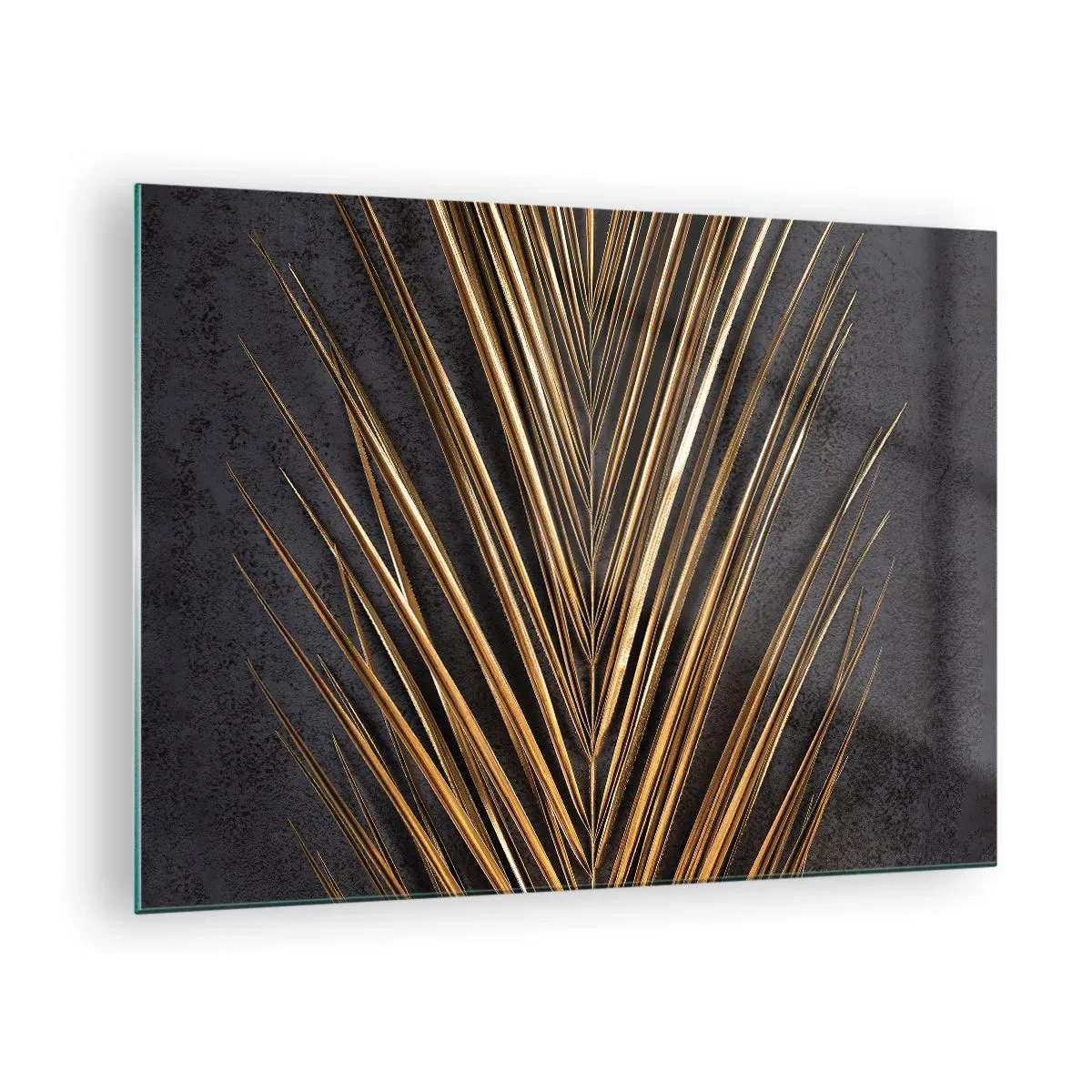 Tablou pe sticlă - Frunză de palmier aurie pe un fundal întunecat - 70x50cm - Aur tropical - Decorațiune modernă pentru perete pentru living și dormitor ARTTOR