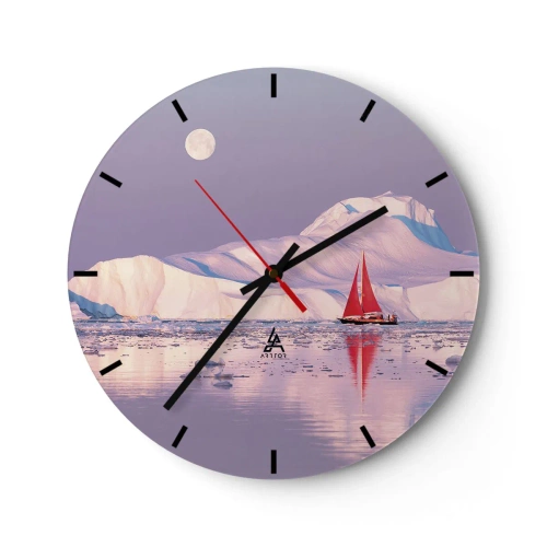 Ceas de perete - Ceas pe sticlă - O corabie cu pânze cu aisberguri în fundal, în lumina lunii - 30x30cm - Căldura pânzei, frigul gheții - Decorațiune modernă pentru perete pentru living, bucătărie și dormitor ARTTOR