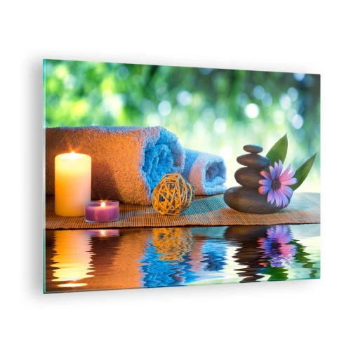 Tablou pe sticlă - Spa cu prosoape, lumânări și pietre pe fundal natural - 70x50cm - Timp pentru corp - Decorațiune modernă pentru perete pentru living și dormitor ARTTOR
