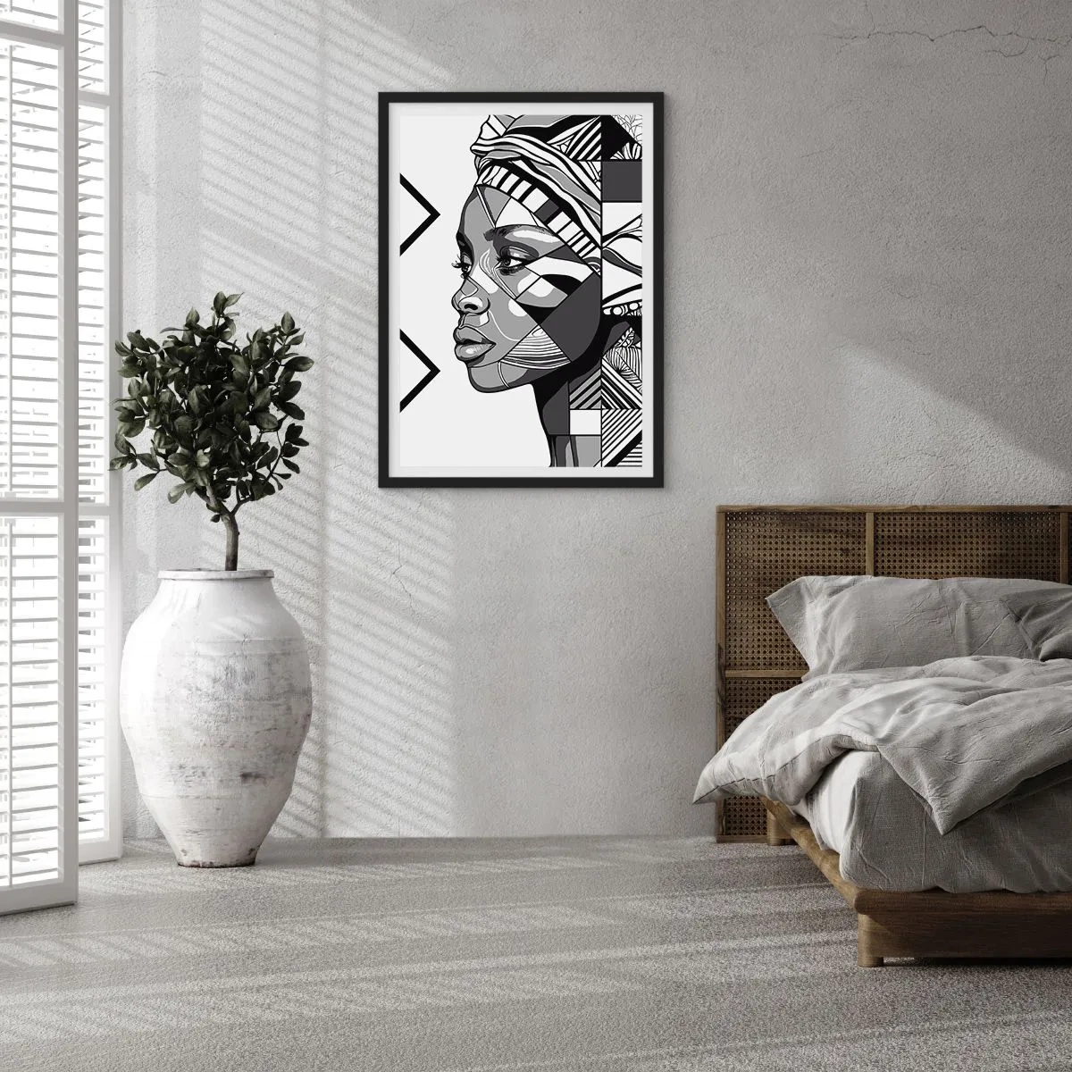 Poster în ramă neagră - Portret geometric al unei femei în alb și negru - 50x70cm - Portret etnic - Decorațiune modernă pentru perete pentru living și dormitor ARTTOR