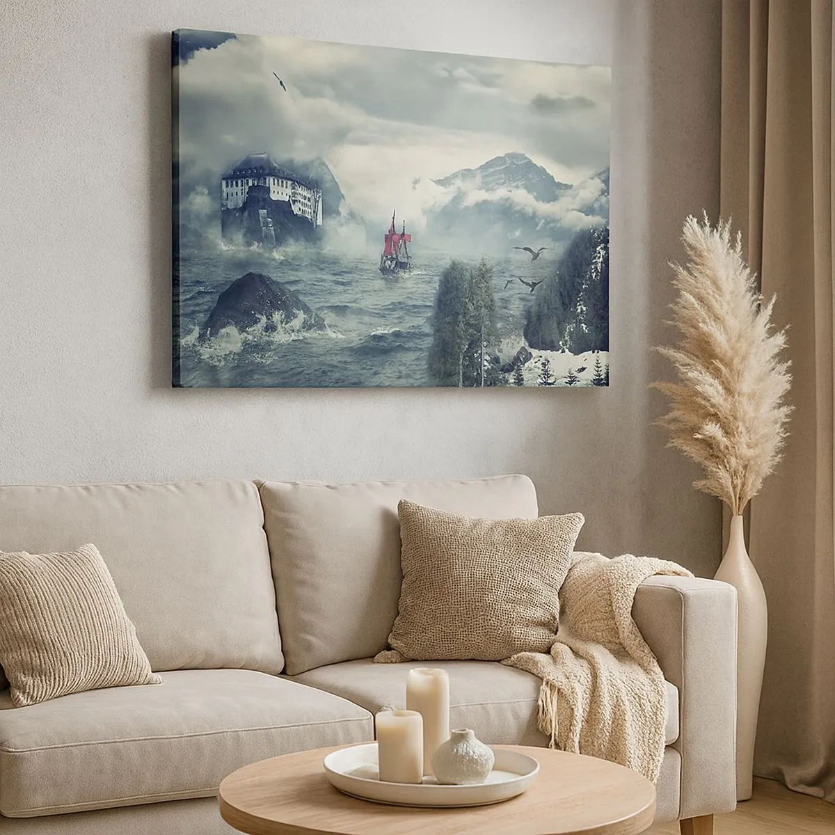 Tablou pe pânză Canvas - Un peisaj misterios cu un castel, munți și o navă - 70x50cm - Pe ape magice - Decorațiune modernă pentru perete pentru living și dormitor ARTTOR