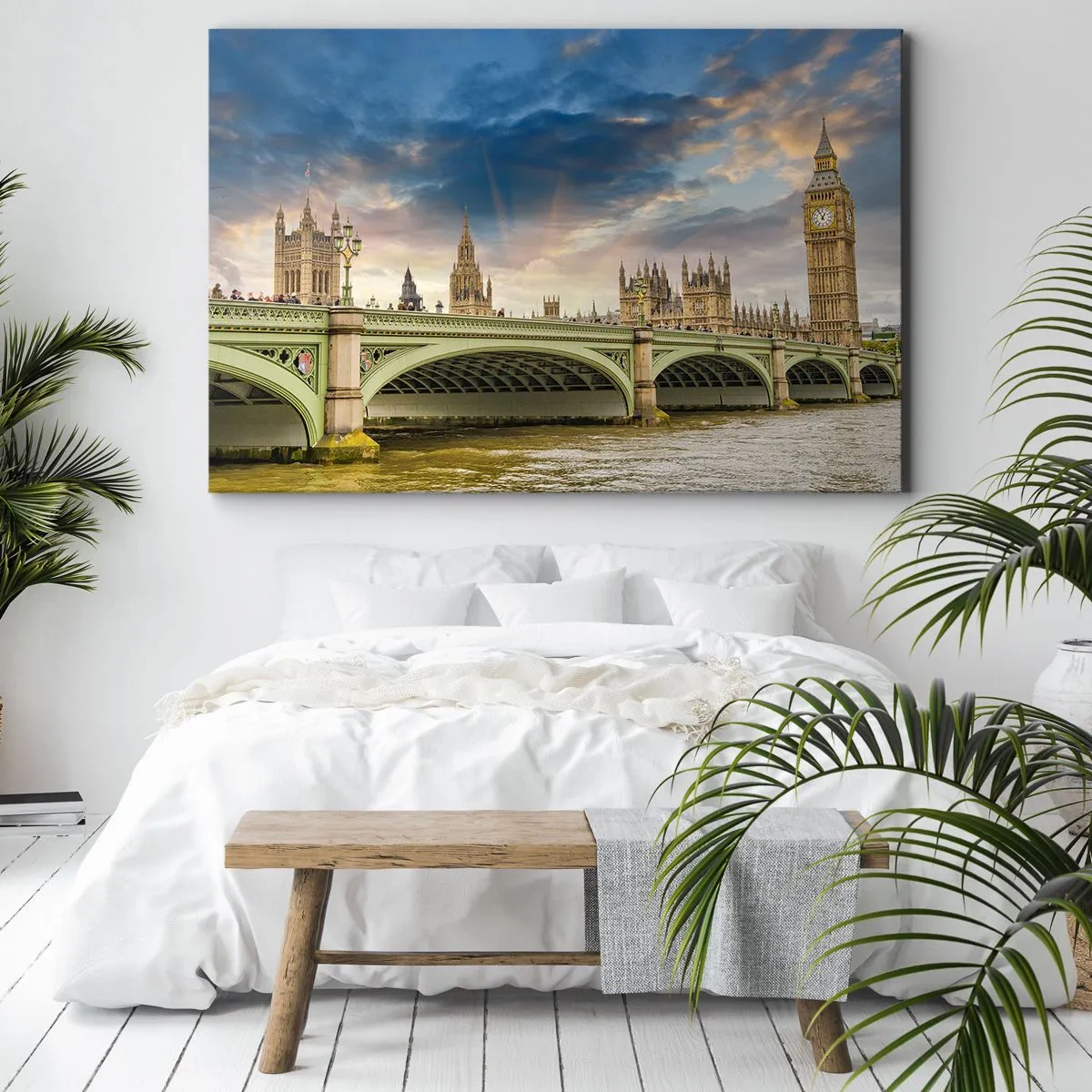 Tablou pe pânză Canvas - Big Ben și Westminster Bridge pe fundalul cerului la amurg - 70x50cm - Timpul s-a oprit în Imperiu - Decorațiune modernă pentru perete pentru living și dormitor ARTTOR