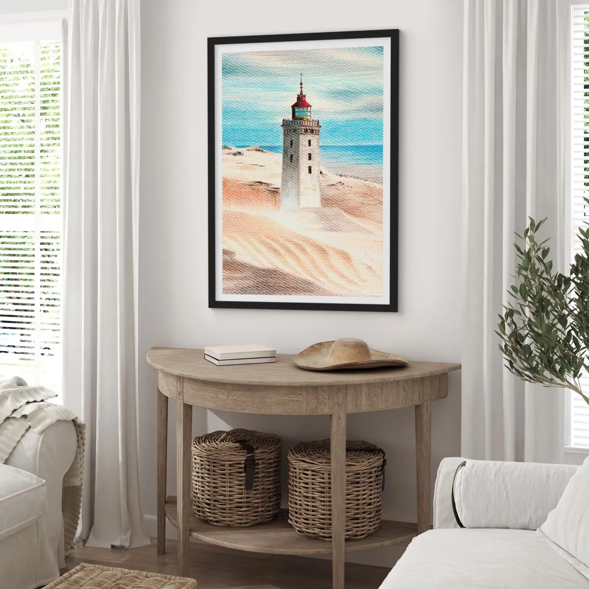 Poster în ramă neagră - Un far pe fundalul dunelor de nisip și al unui cer albastru - 50x70cm - Privind mereu marea - Decorațiune modernă pentru perete pentru living și dormitor ARTTOR