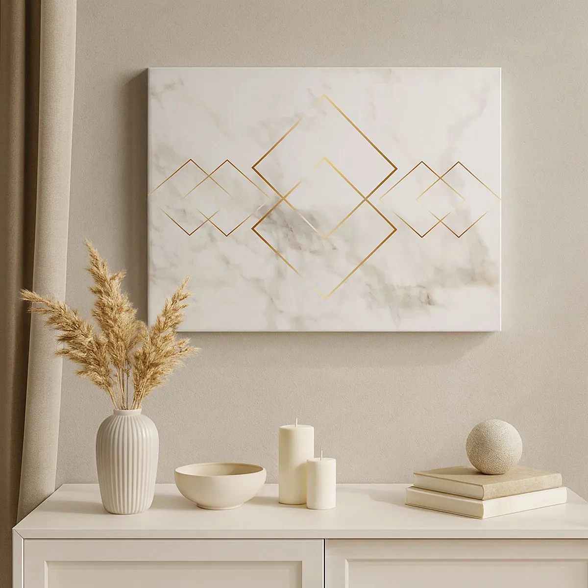 Tablou pe pânză Canvas - Romburi aurii minimaliste pe un fundal de marmură - 70x50cm - Vedere spre infinit - Decorațiune modernă pentru perete pentru living și dormitor ARTTOR