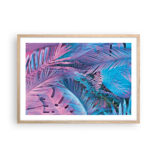 Poster în ramă de stejar deschis - Palmieri în alb și albastru - 70x50 cm
