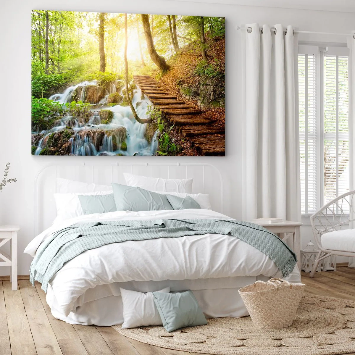 Tablou pe pânză Canvas - Cale de pădure cu scări de lemn lângă cascadă - 70x50cm - Răcirea dorită - Decorațiune modernă pentru perete pentru living și dormitor ARTTOR