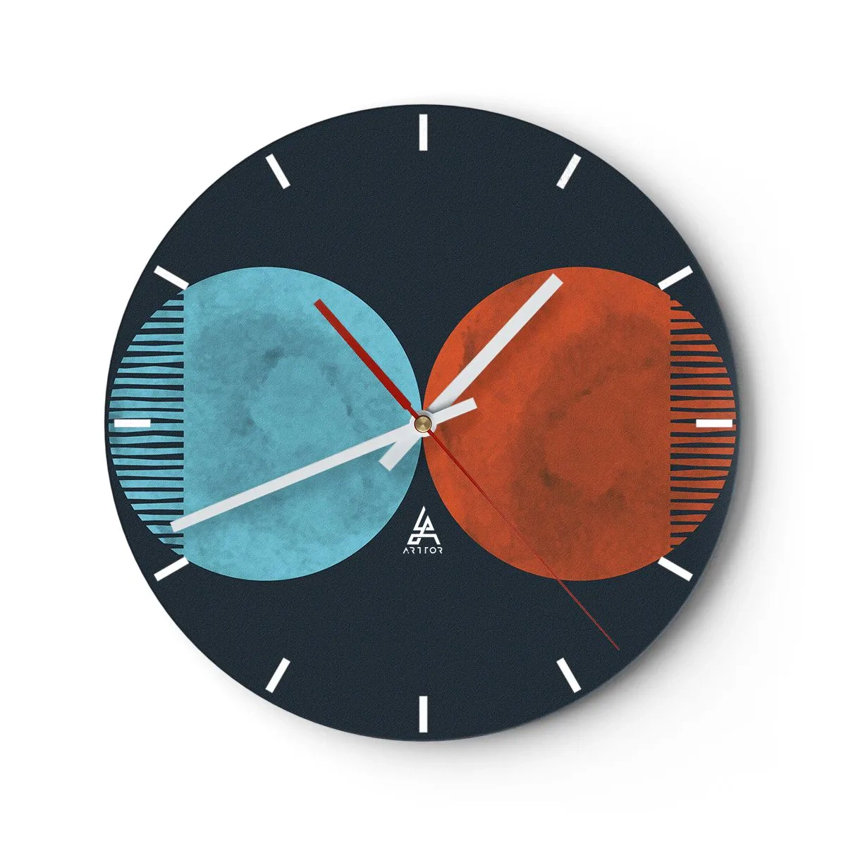 Ceas de perete - Ceas pe sticlă - O combinație de cercuri albastre și roșii cu linii geometrice - 30x30cm - Doar geometrie? - Decorațiune modernă pentru perete pentru living, bucătărie și dormitor ARTTOR