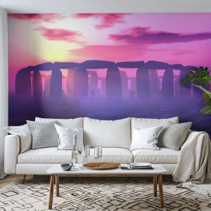 Tapet Premium Canvas - Mister în zori de zi în ceață - Arhitectură, Stonehenge, Cercuri de piatră - 350x256 cm
