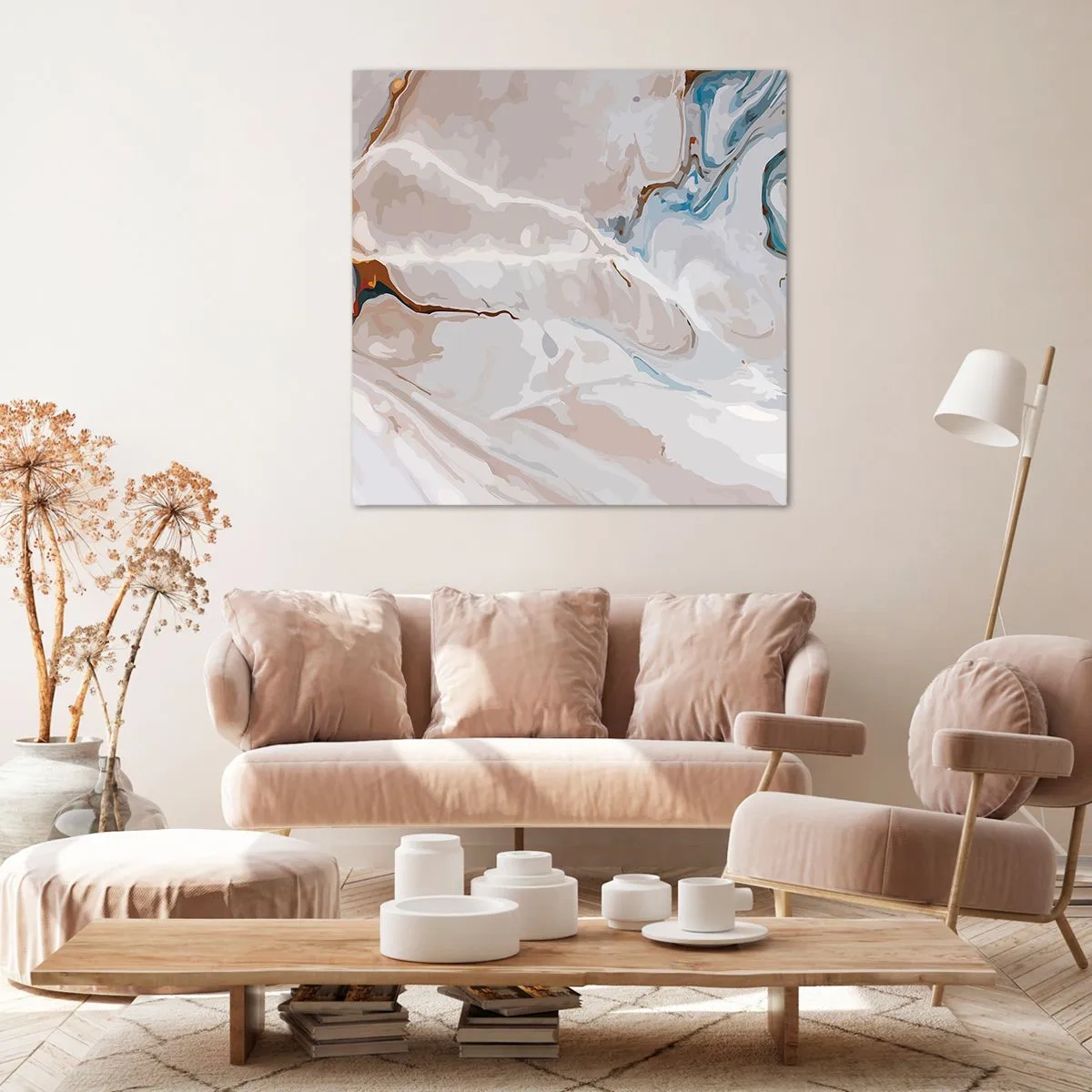 Tablou pe pânză - Meandre albastre sub alb - 70x70 cm