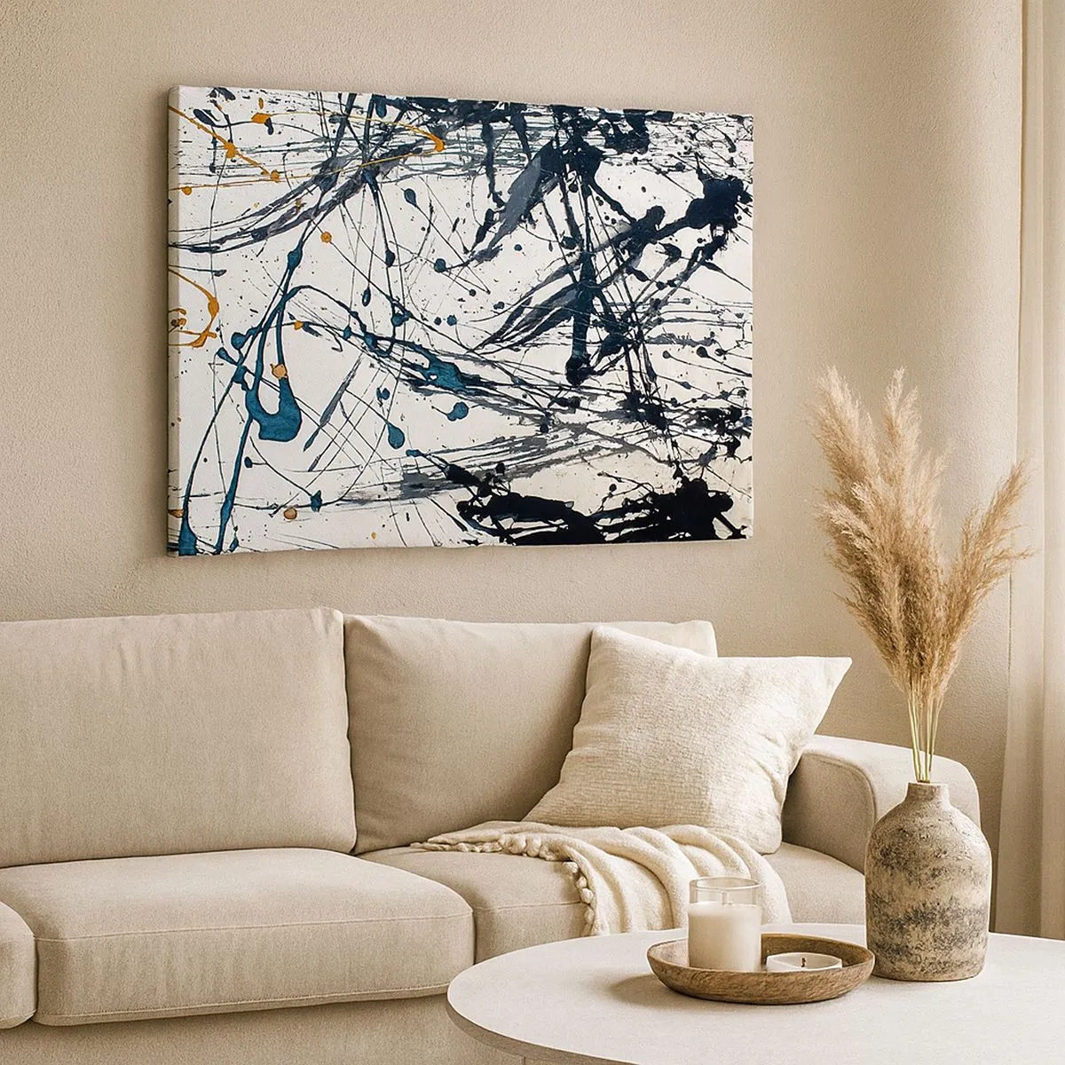 Tablou pe pânză Canvas - O pictură abstractă cu stropi de vopsea în modele dinamice. - 70x50cm - Abstracție expresionistă - Decorațiune modernă pentru perete pentru living și dormitor ARTTOR
