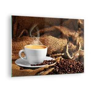 Tablou pe sticlă - O ceașcă de cafea cu boabe pe un fundal de iută - 70x50cm - Mirosul de mokka și densitatea lichidului de miere - Decorațiune modernă pentru perete pentru living și dormitor ARTTOR