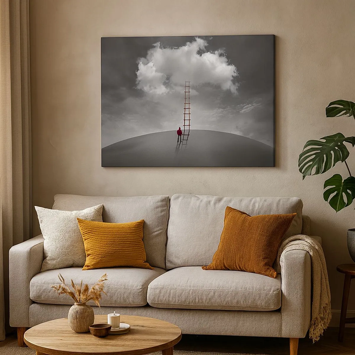 Tablou pe pânză Canvas - persoană într-o haină roșie și o scară care duce spre un nor - 70x50cm - Orice este posibil - Decorațiune modernă pentru perete pentru living și dormitor ARTTOR